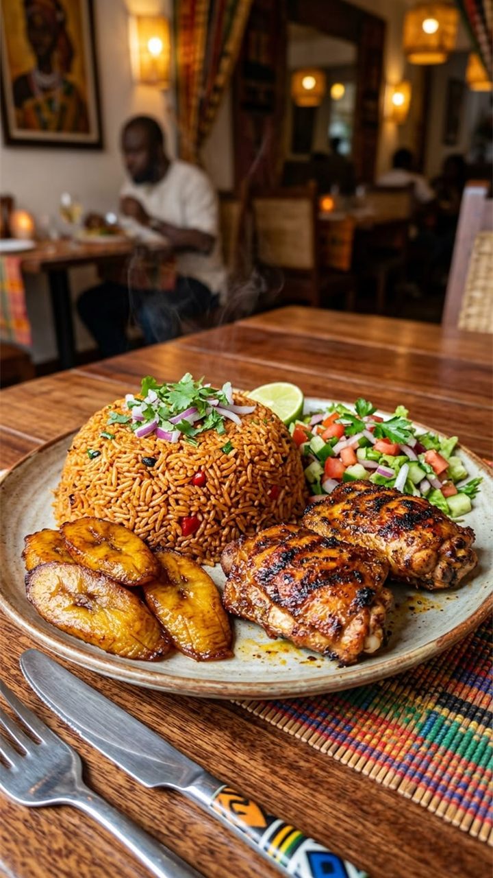 Photo de départ : une assiette de riz et de poulet au restaurant